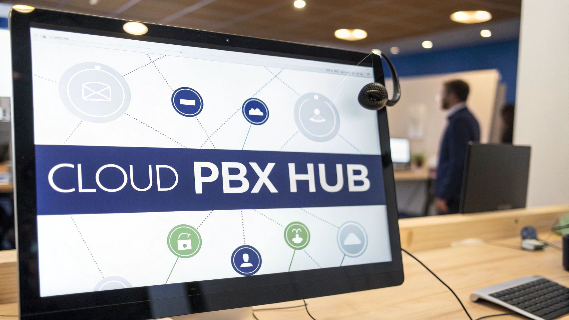 A computer monitor displays 'CLOUD PBX HUB' software with communication icons in a modern office.