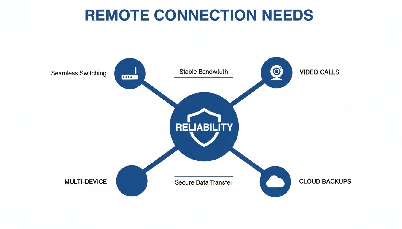 Diagram illustrating key remote connection needs, emphasizing reliability, stable bandwidth, video calls, and secure data transfer.
