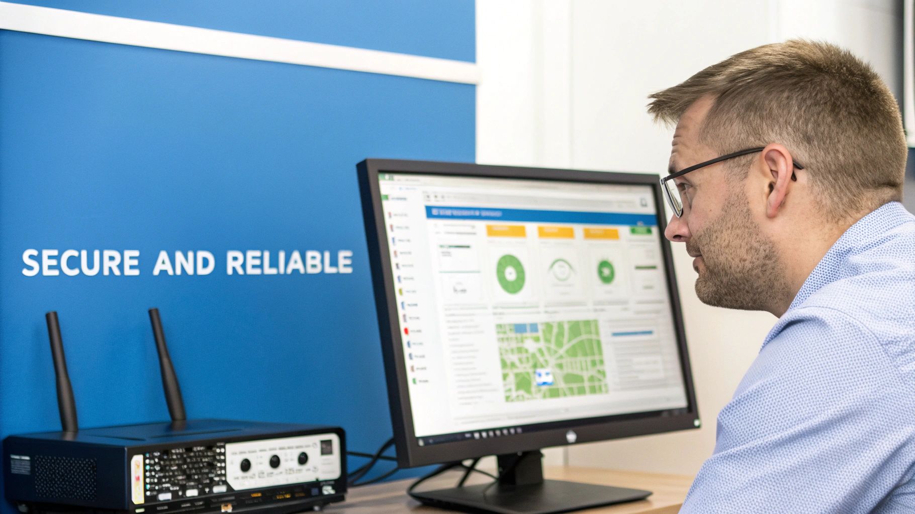 A man in glasses monitors a computer screen with data dashboards and a map, next to a network device.