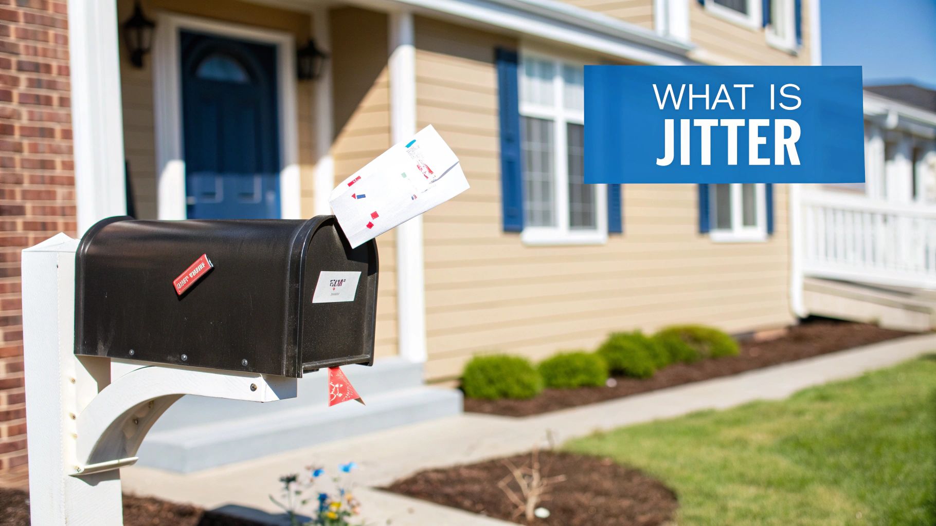 Mailbox with letter and flag in front of a suburban house, asking 'WHAT IS JITTER' in a blue banner.