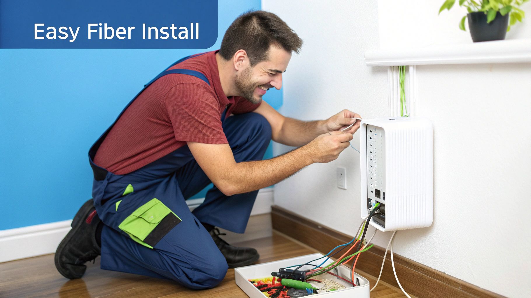 A smiling technician in blue overalls installs fiber optic cables into a white wall-mounted box.