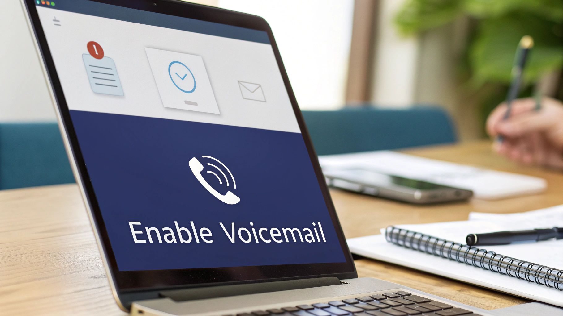 A laptop screen displaying 'Enable Voicemail' with a phone icon, alongside notification and mail icons.