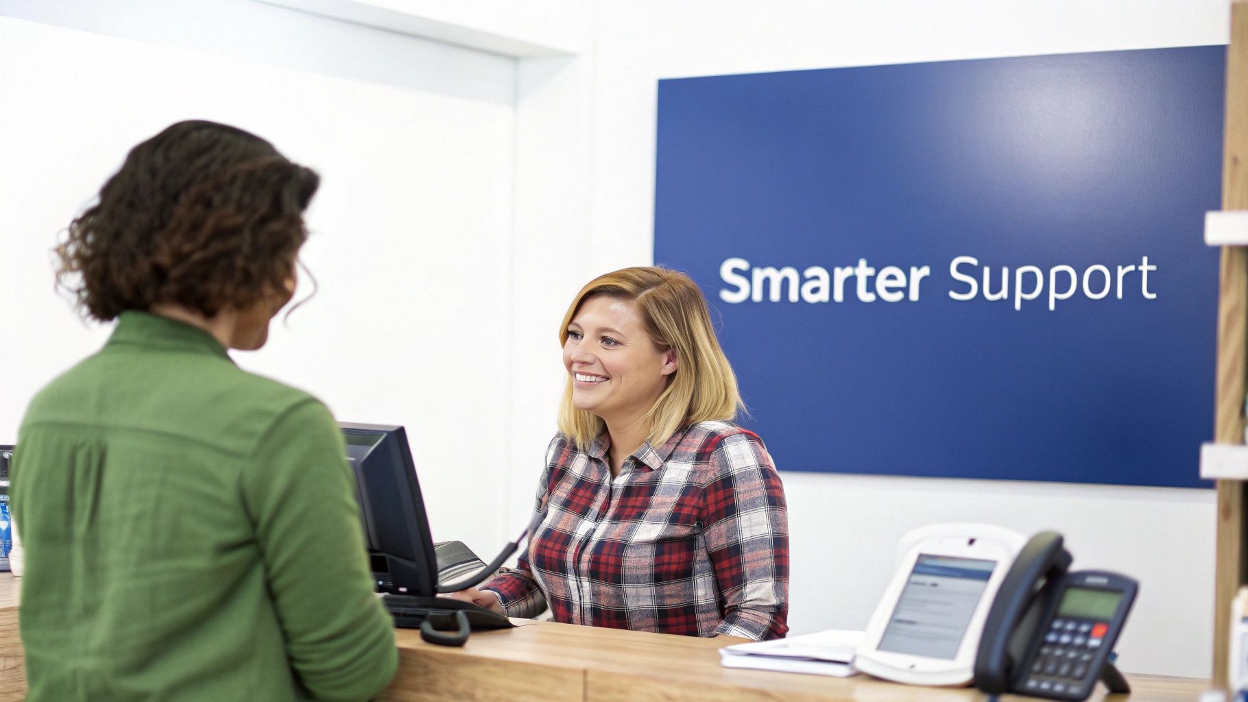 A friendly support agent smiles while assisting a customer at a service desk with a 'Smarter Support' sign.