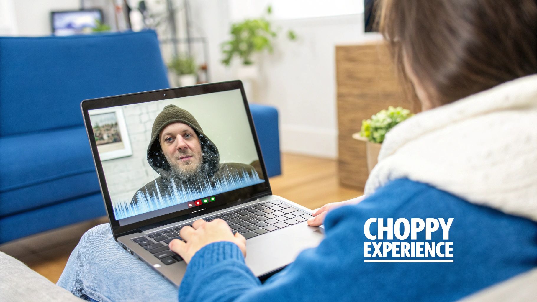 A person on a couch video calls a man on a laptop experiencing a choppy connection.