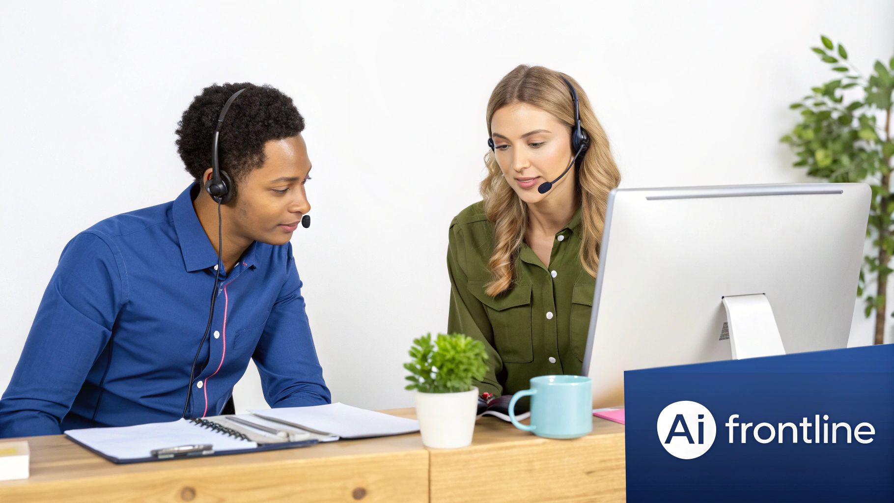 Two customer service agents wearing headsets, collaborating on a task with a computer in an office setting.
