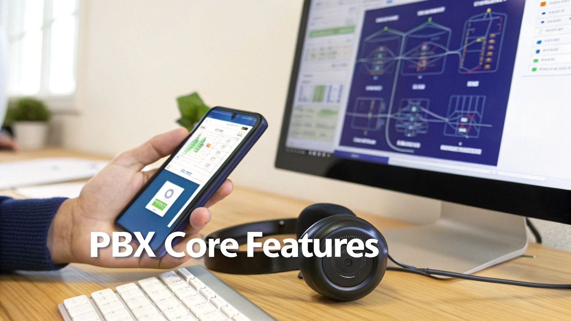 A person holds a smartphone displaying an app, with a monitor showing PBX features on a desk.