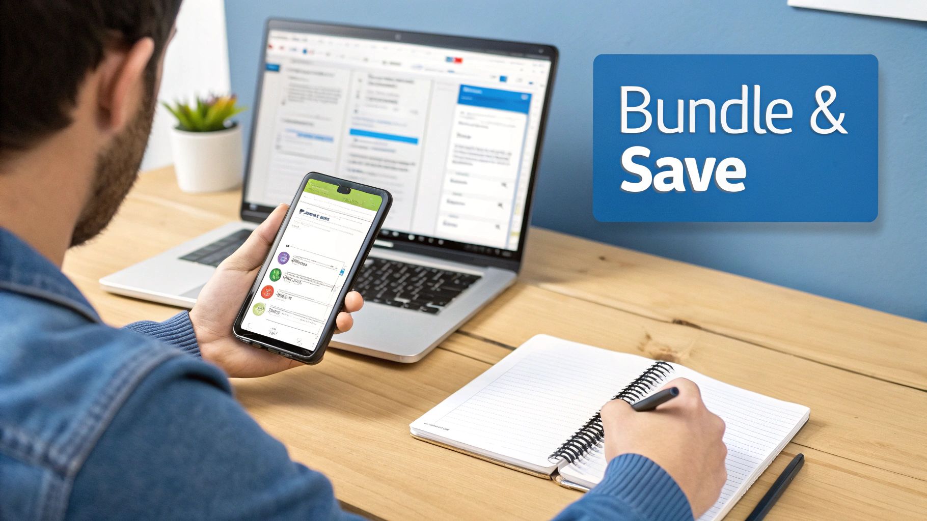 A person reviewing digital services on their phone and laptop at a desk, promoting bundle savings.