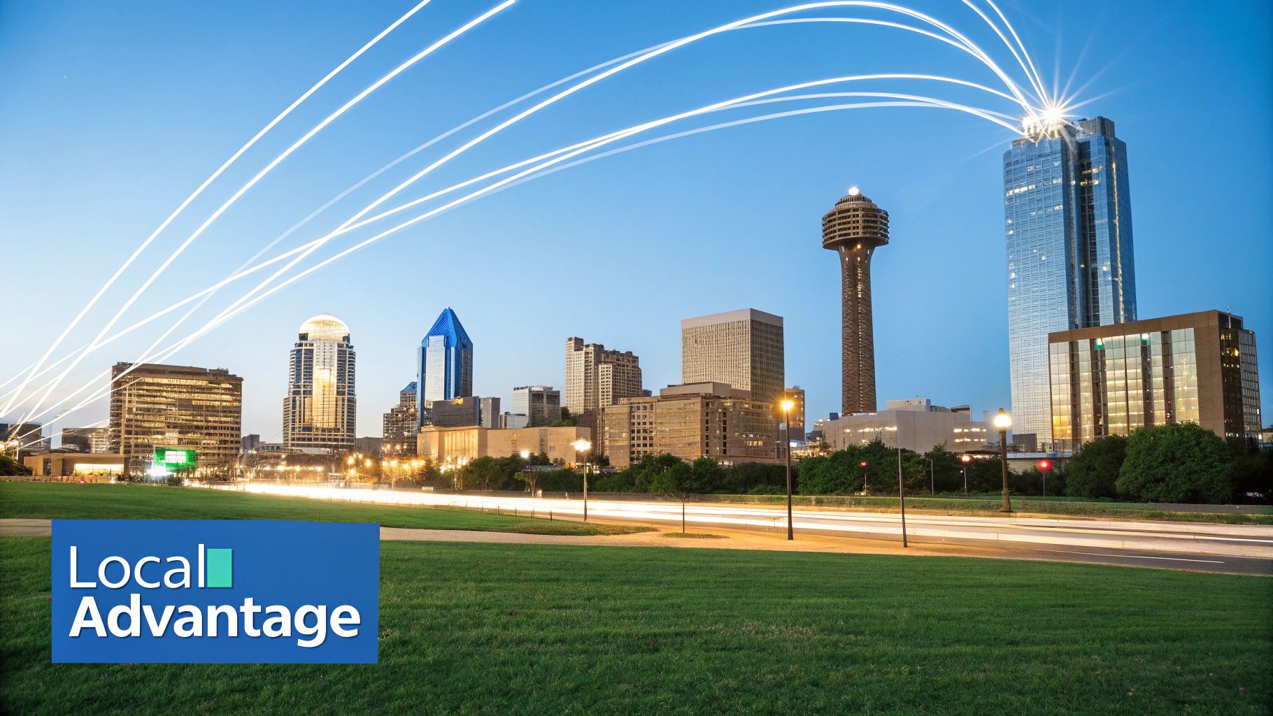 Nighttime city skyline of Dallas with light trails arching over skyscrapers and a busy road.