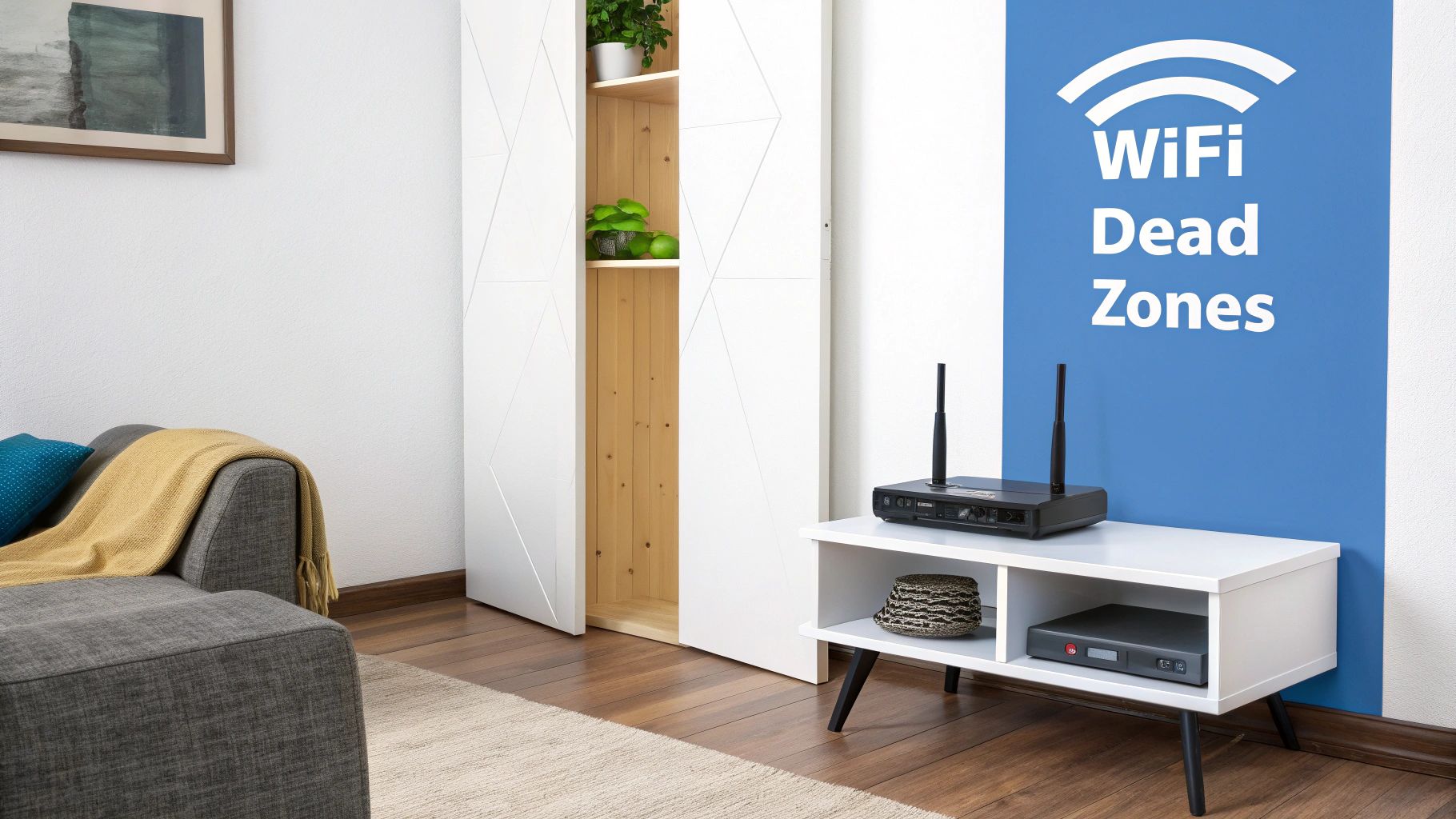 A living room with a WiFi router on a TV stand and a blue wall highlighting 'WiFi Dead Zones'.