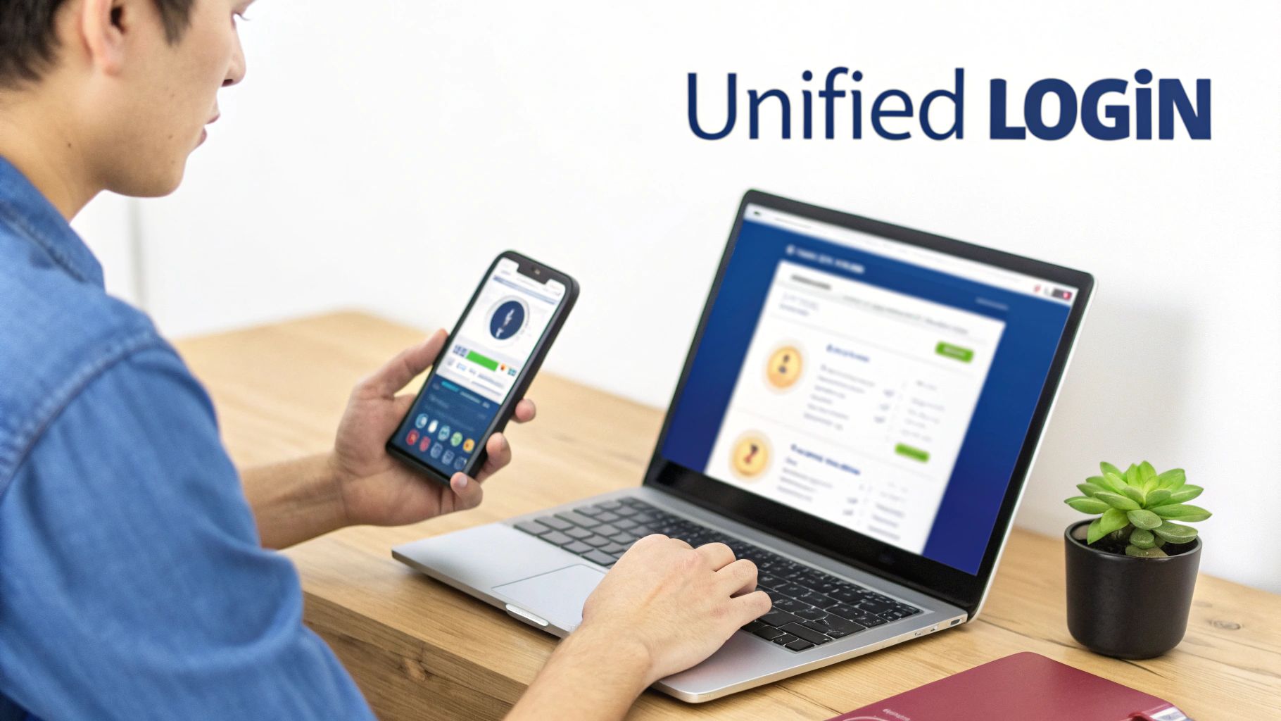 A person uses a smartphone and laptop to access a unified login system, ensuring secure authentication.