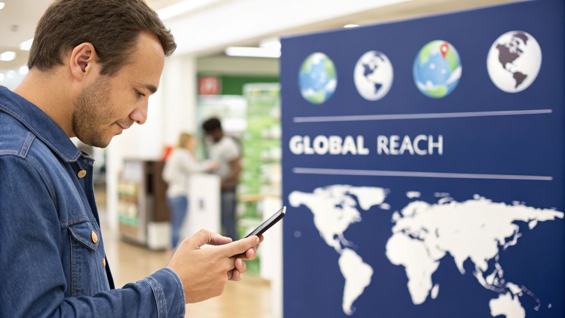 Man in a denim jacket intently using his smartphone in front of a "Global Reach" display.