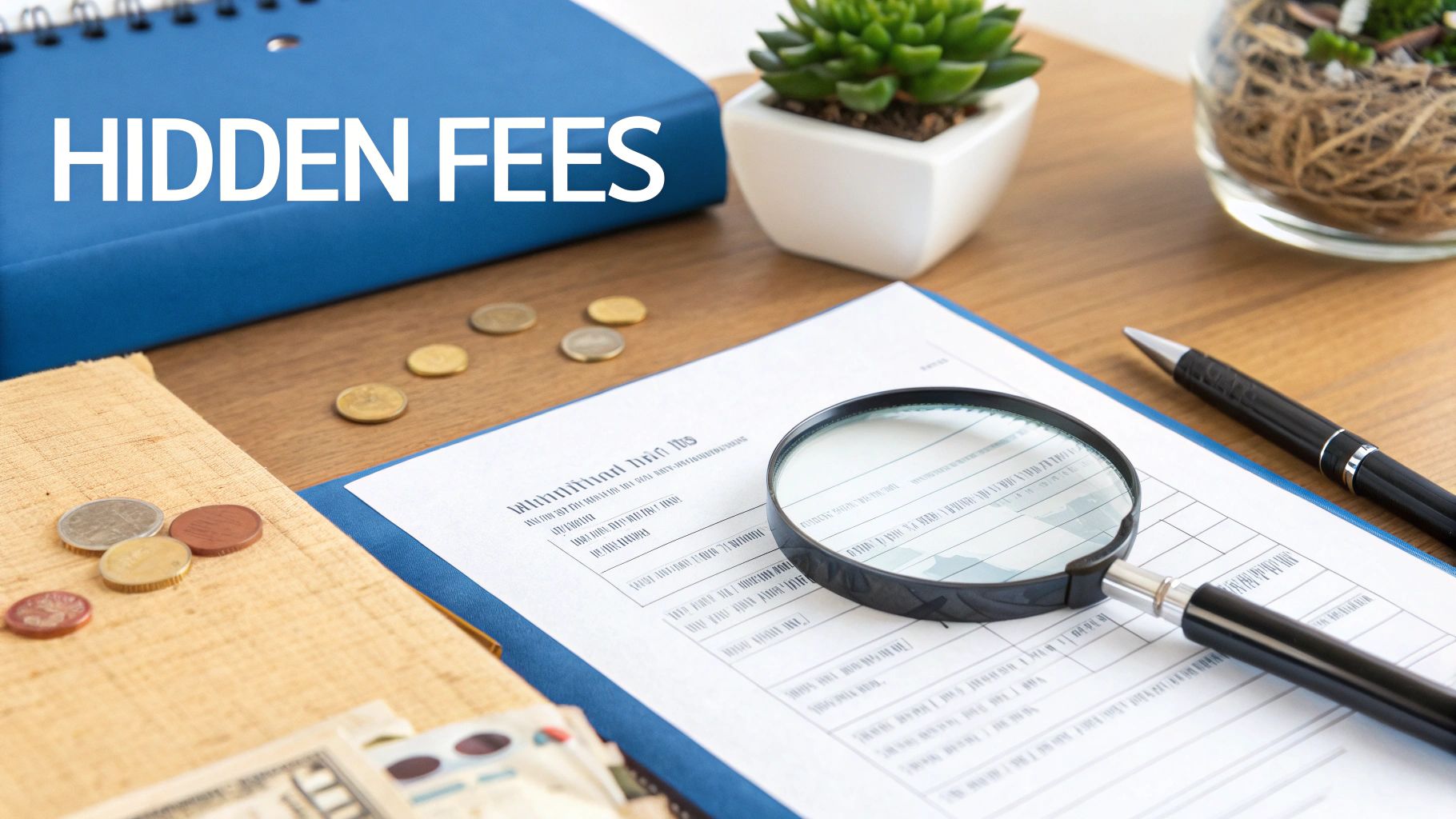 A magnifying glass on a financial document, surrounded by coins, and the text "HIDDEN FEES".