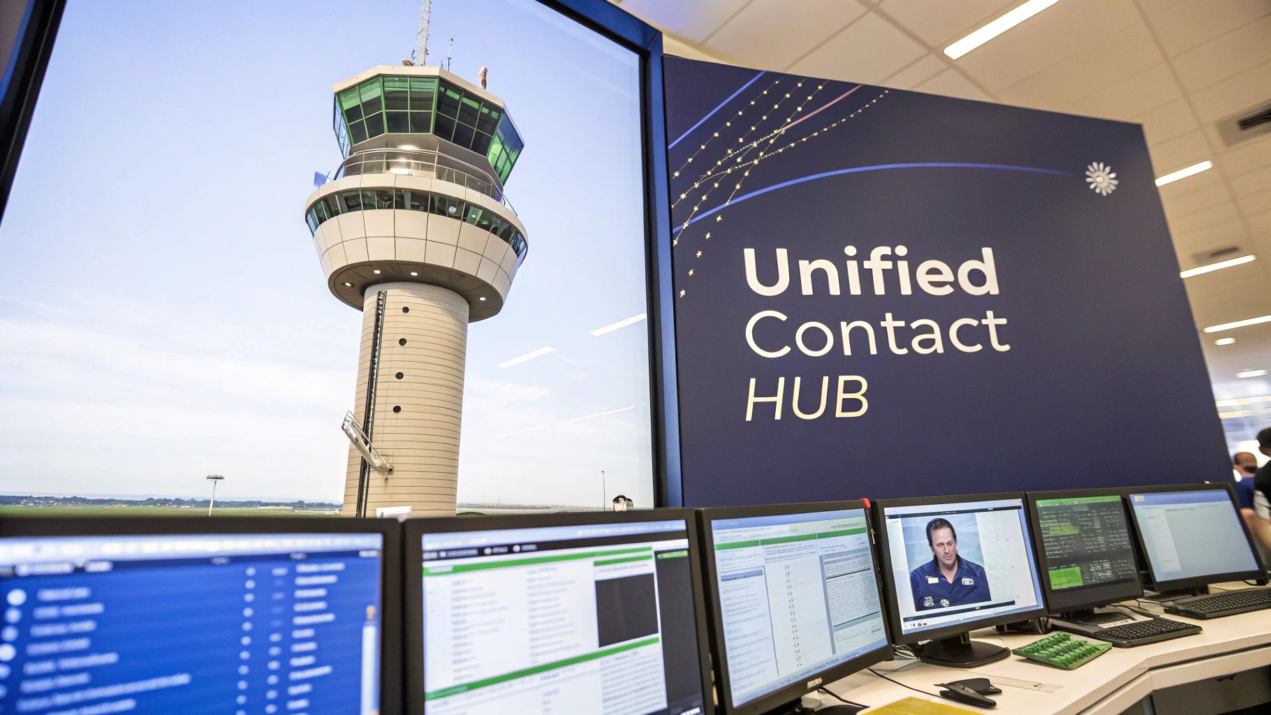 A modern contact center with screens displaying an air traffic control tower and a Unified Contact HUB sign.
