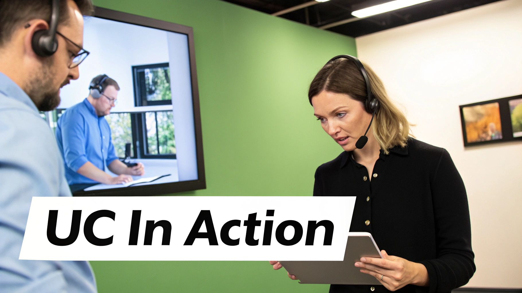 Professionals using headsets and a tablet, engaged in a virtual meeting showcasing unified communications.