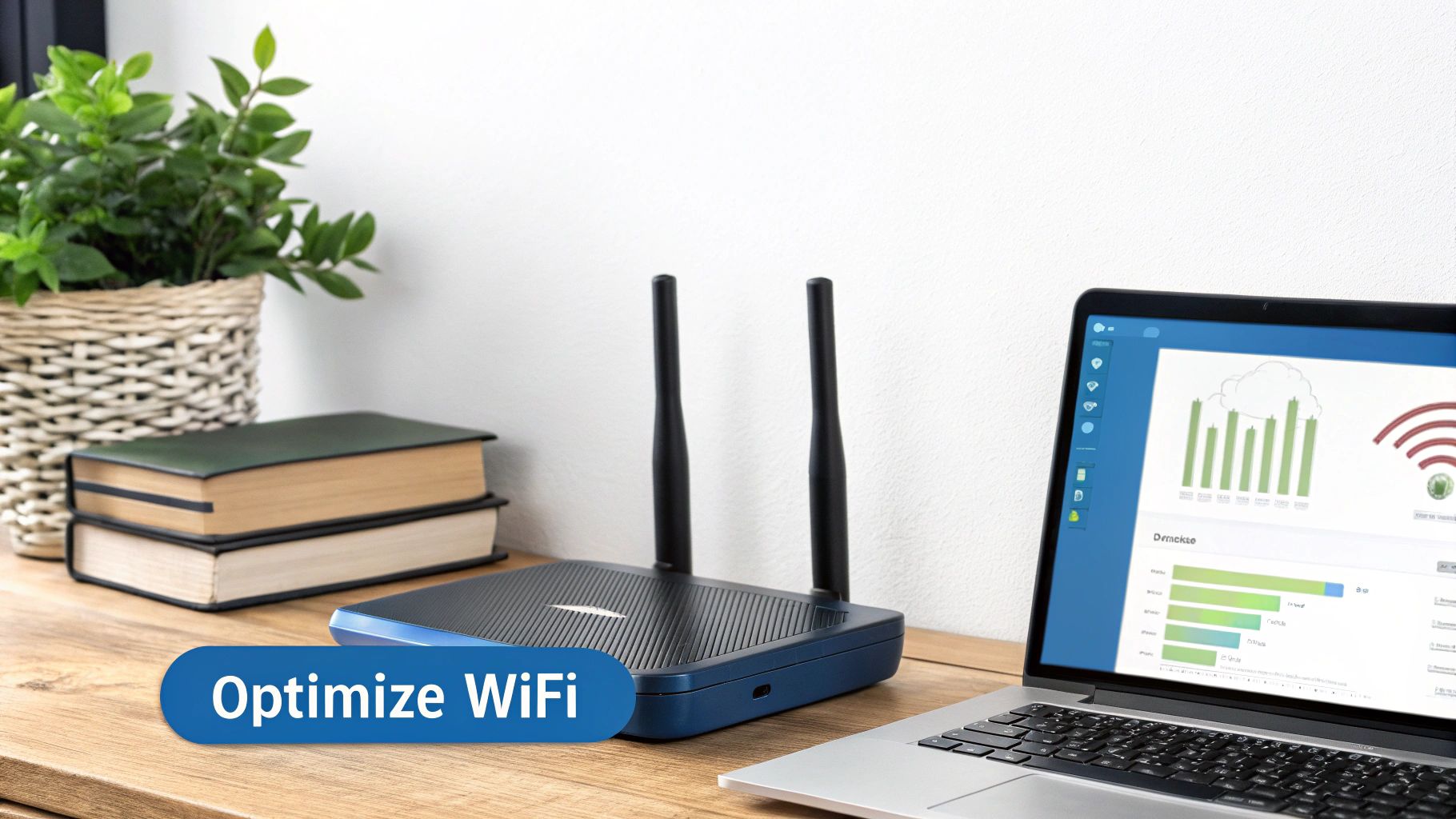 Modern blue WiFi router on a wooden desk next to a laptop displaying network optimization.