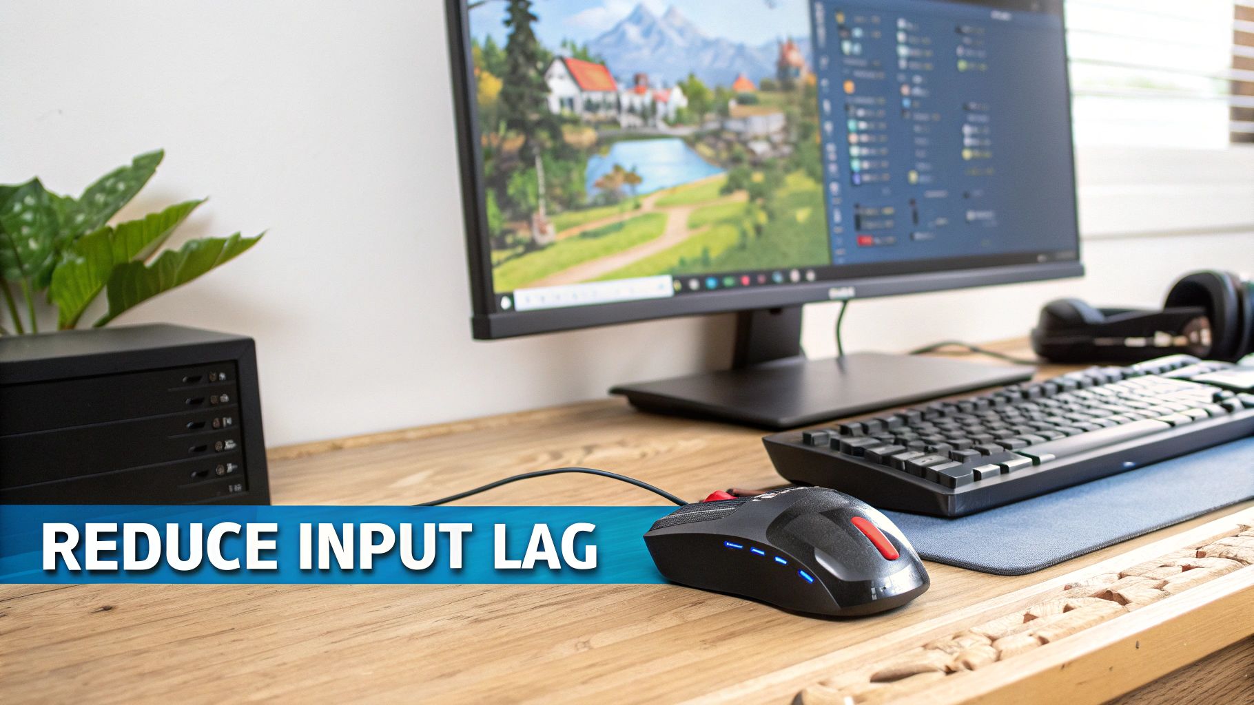 A gaming desk setup featuring a monitor, keyboard, and an illuminated gaming mouse, with a 'Reduce Input Lag' banner.