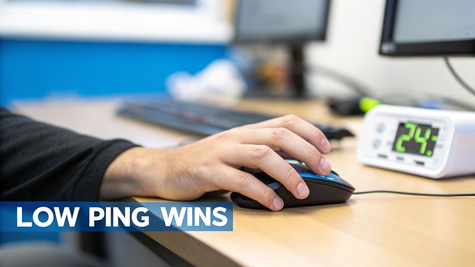 A person's hand uses a gaming computer mouse on a wooden desk with a keyboard and digital clock.