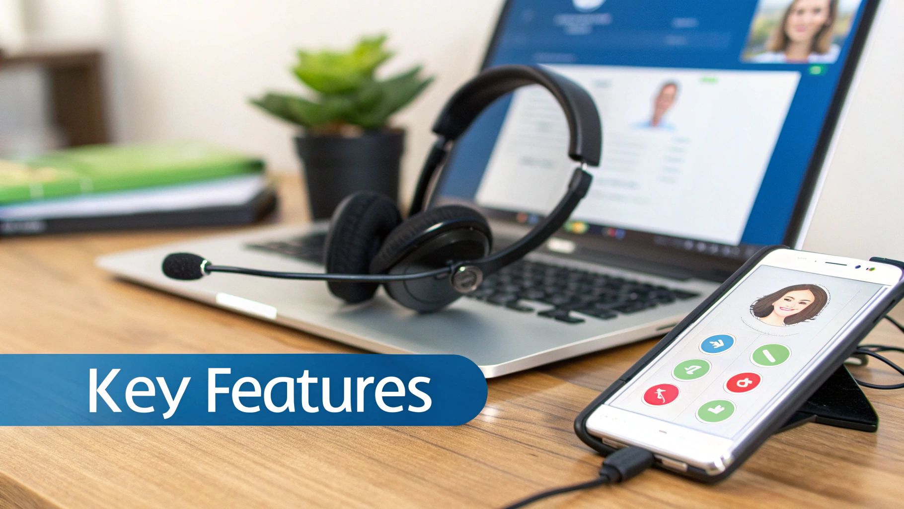 A desk setup with a laptop, headset, and smartphone, illustrating modern communication tools.