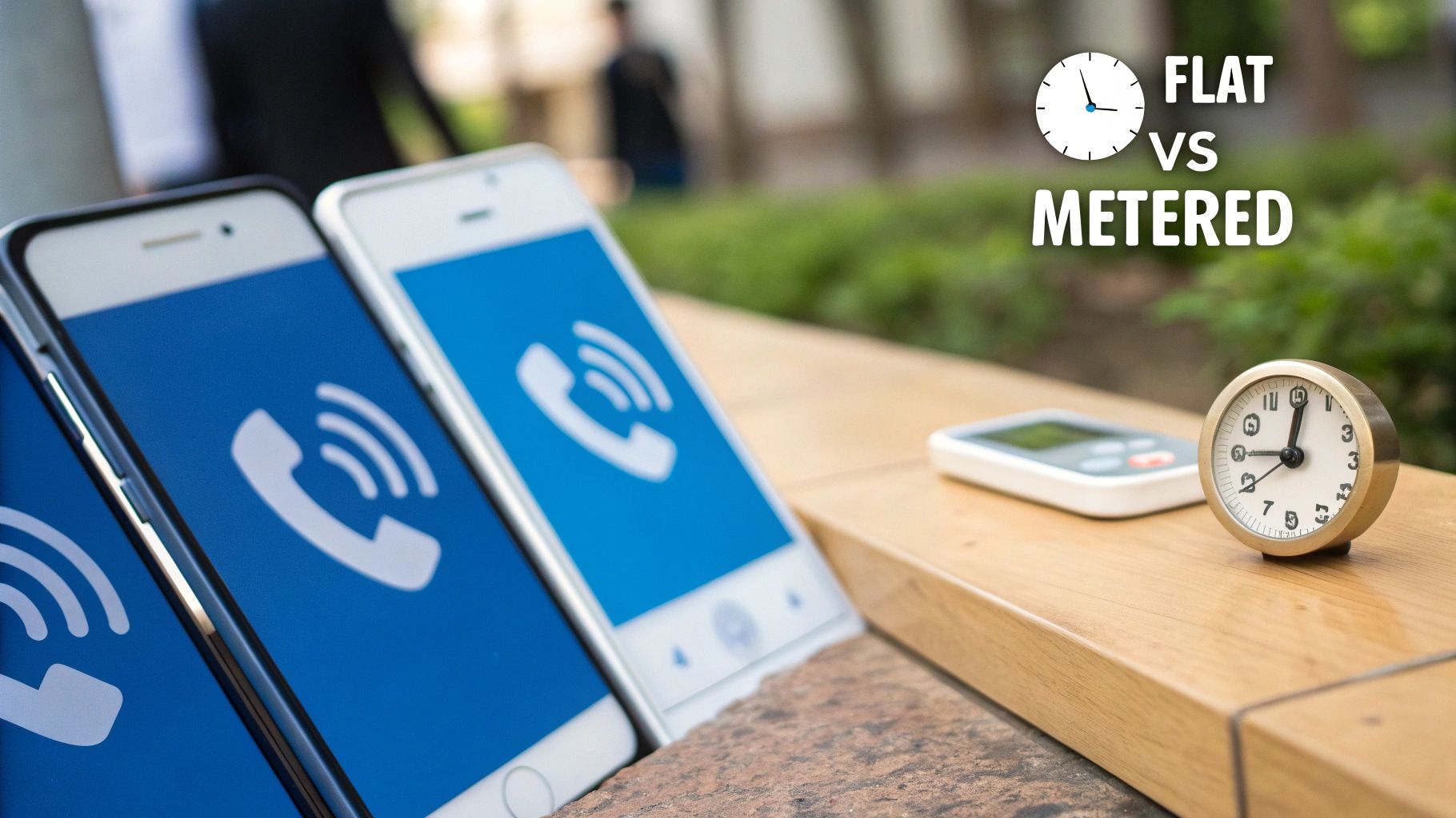 Smartphones with call icons, a clock, and 'FLAT VS METERED' text representing call pricing.