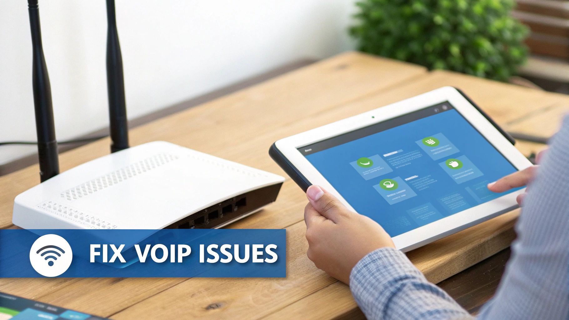 A person interacts with a tablet showing a VoIP interface, next to a white router, with a 'FIX VOIP ISSUES' banner.