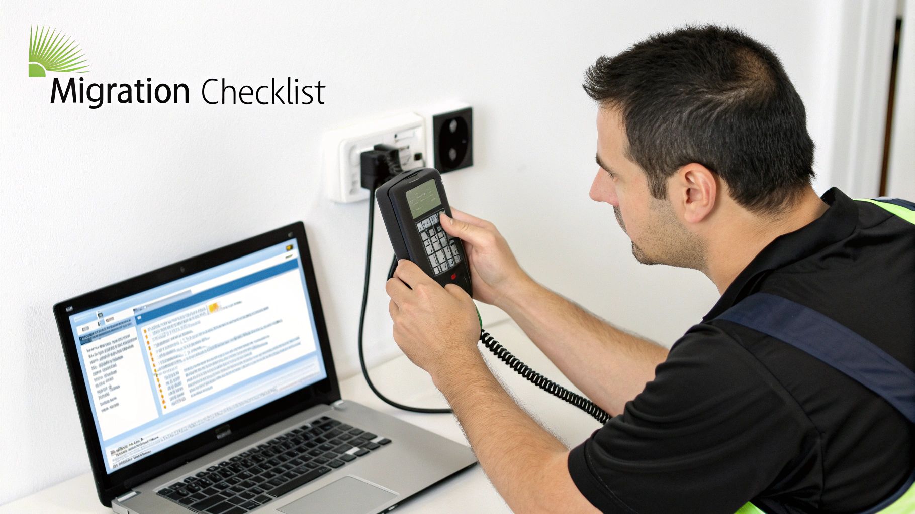A technician uses a handheld network testing device connected to a wall outlet while looking at a laptop, likely for a migration checklist.