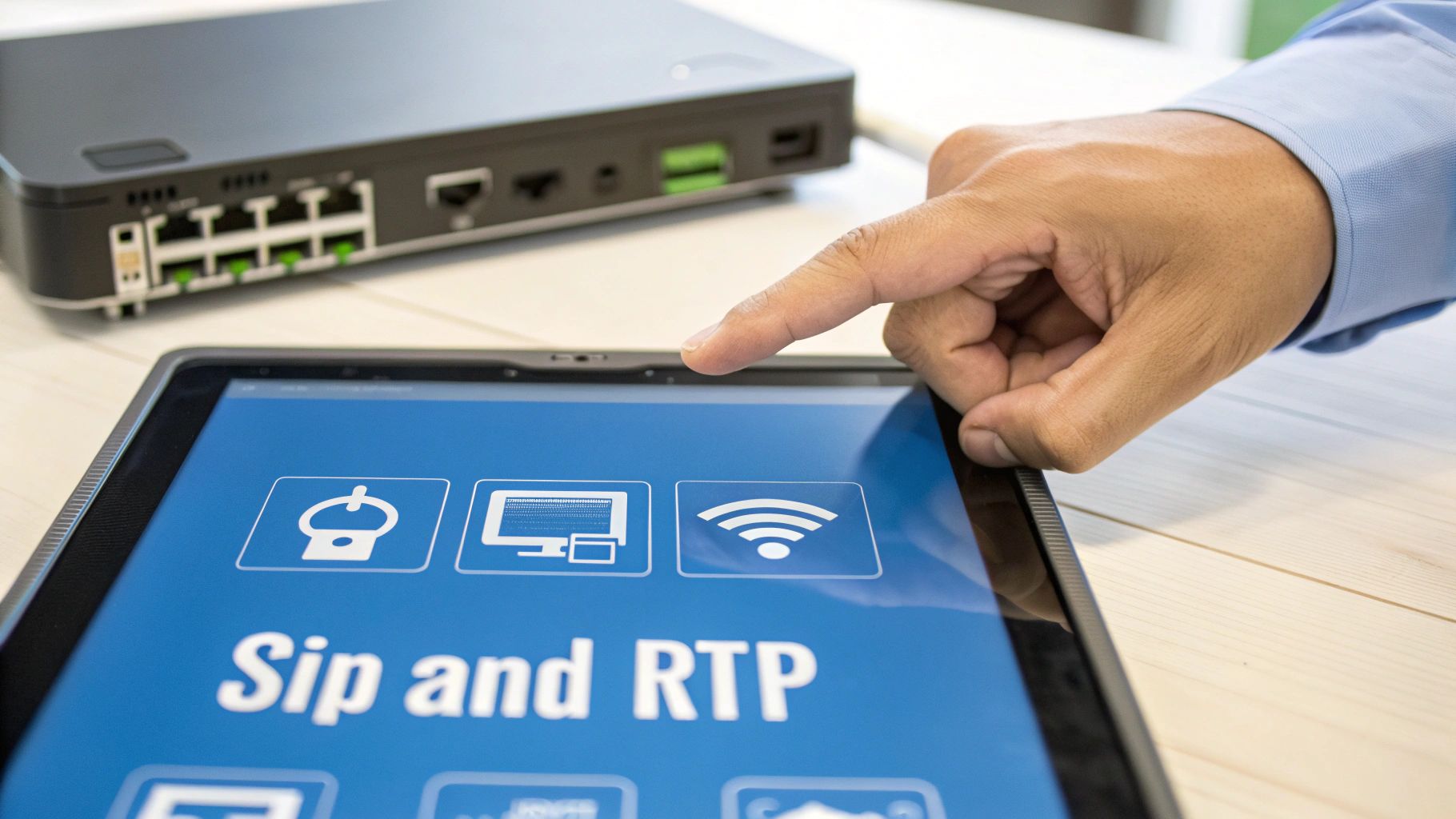 A person's hand touches a tablet screen showing 'SIP and RTP' with network icons and a router in the background.