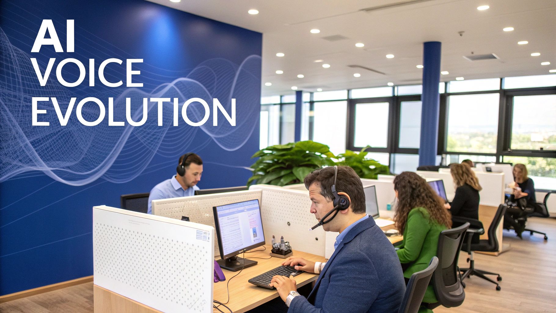 Professionals with headsets working at computers in a modern office with 'AI VOICE EVOLUTION' signage.