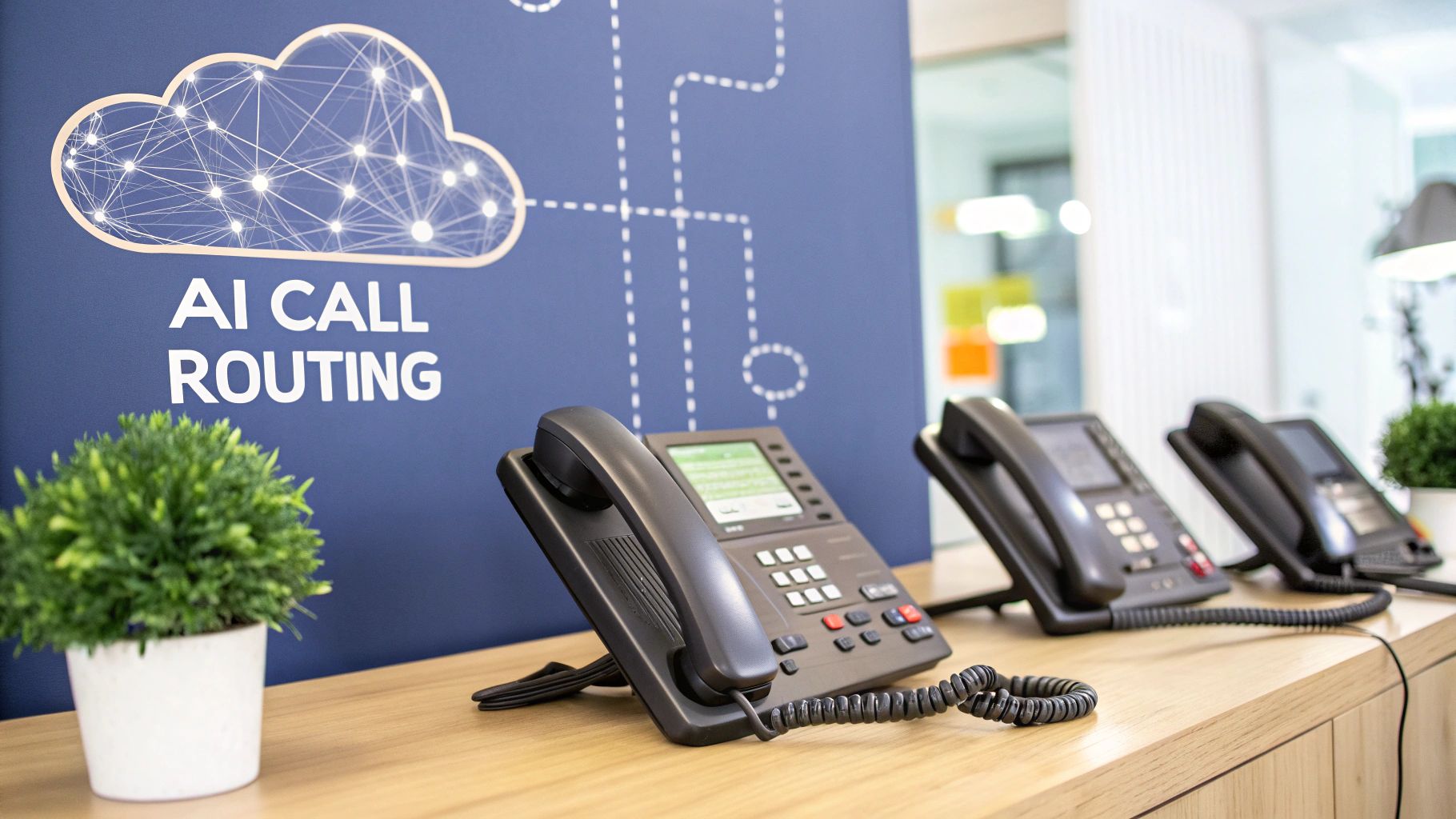 Multiple black desk phones on a wooden surface with a blue wall showing 'AI Call Routing' graphics.