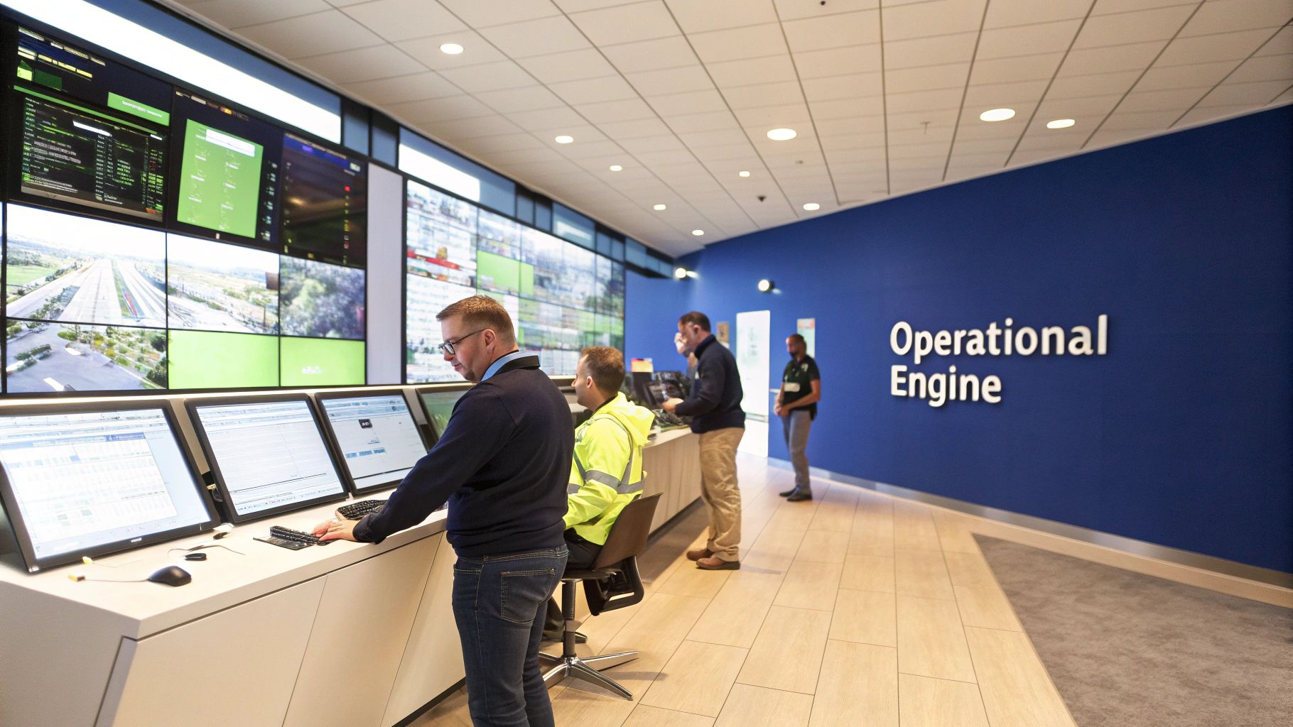Men monitor data and video feeds in a modern operations control room.