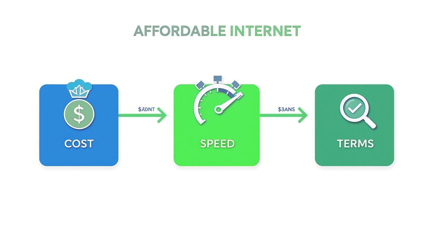 Flowchart illustrating key considerations for affordable internet: cost (money bag), speed (stopwatch), and terms (magnifying glass).