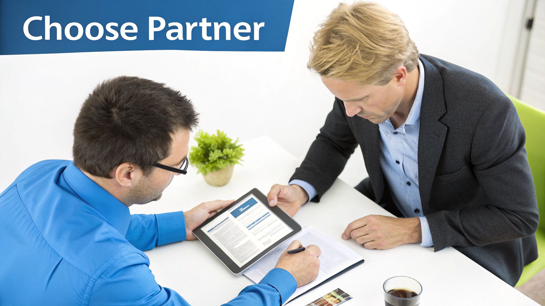 Two men collaborate at a table, one holding a tablet while the other writes, in a business setting.