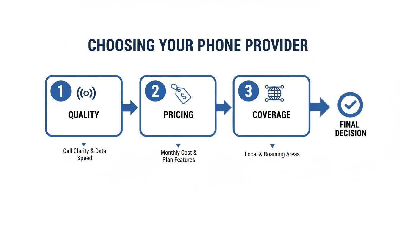Flowchart showing three steps to choose a phone provider: Quality, Pricing, and Coverage, leading to a final decision.