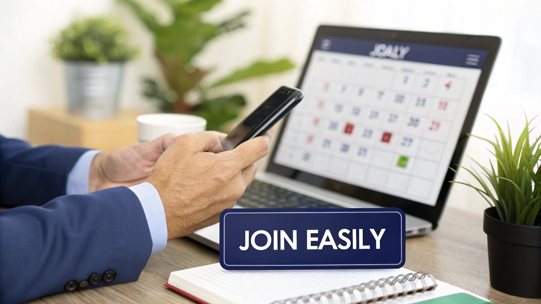 A person in a blue suit uses a smartphone with a laptop displaying a calendar and a 'JOIN EASILY' sign.