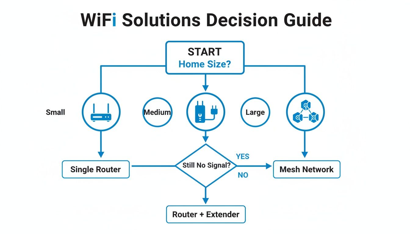 A flowchart decision guide for WiFi solutions, recommending setups based on home size and signal strength.