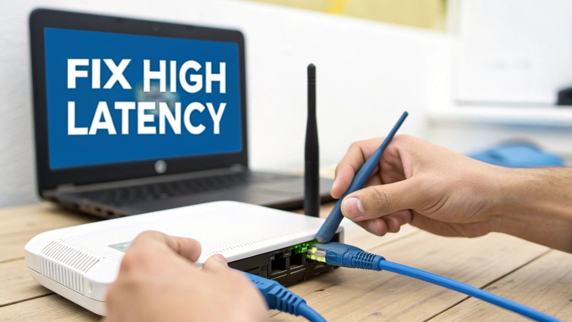 A person plugs an Ethernet cable into a router while a laptop screen displays 'FIX HIGH LATENCY', addressing internet issues.