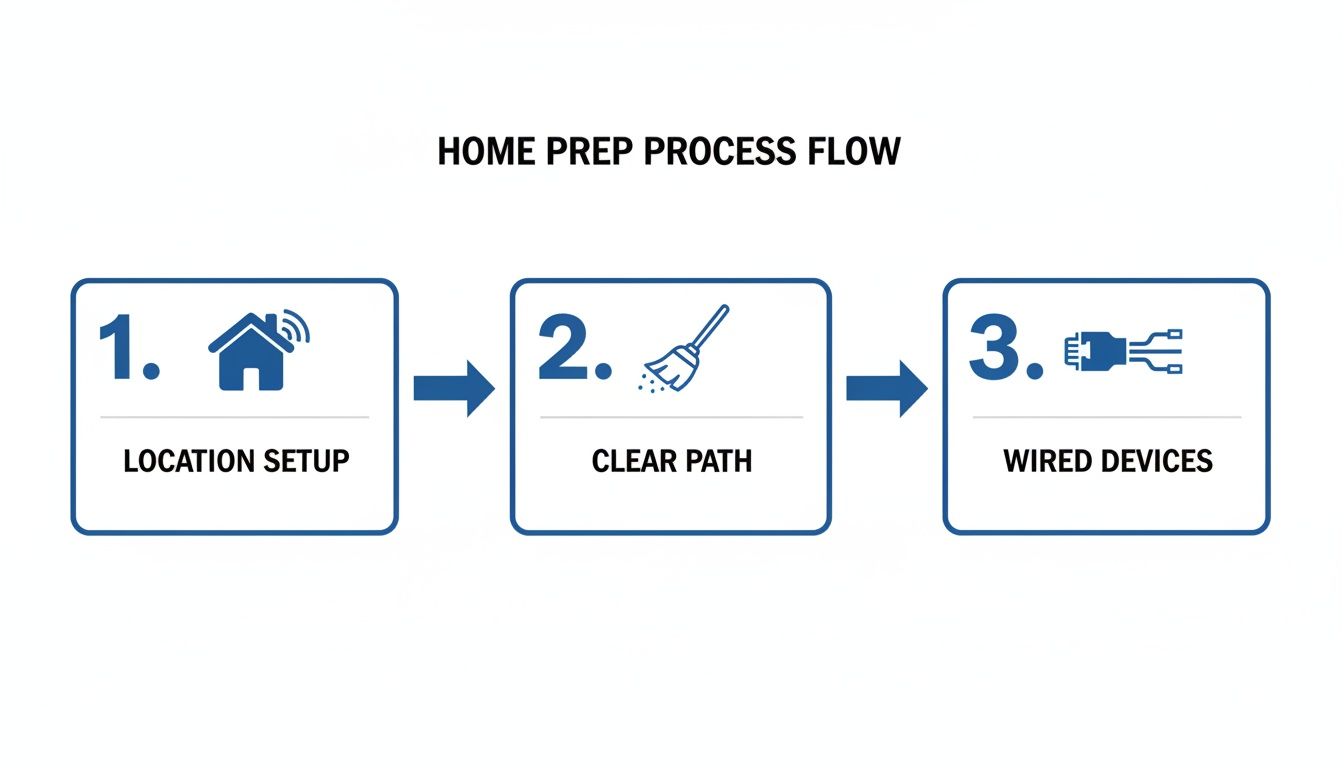 A home preparation process flow diagram showing three steps: location setup, clear path, and wired devices.