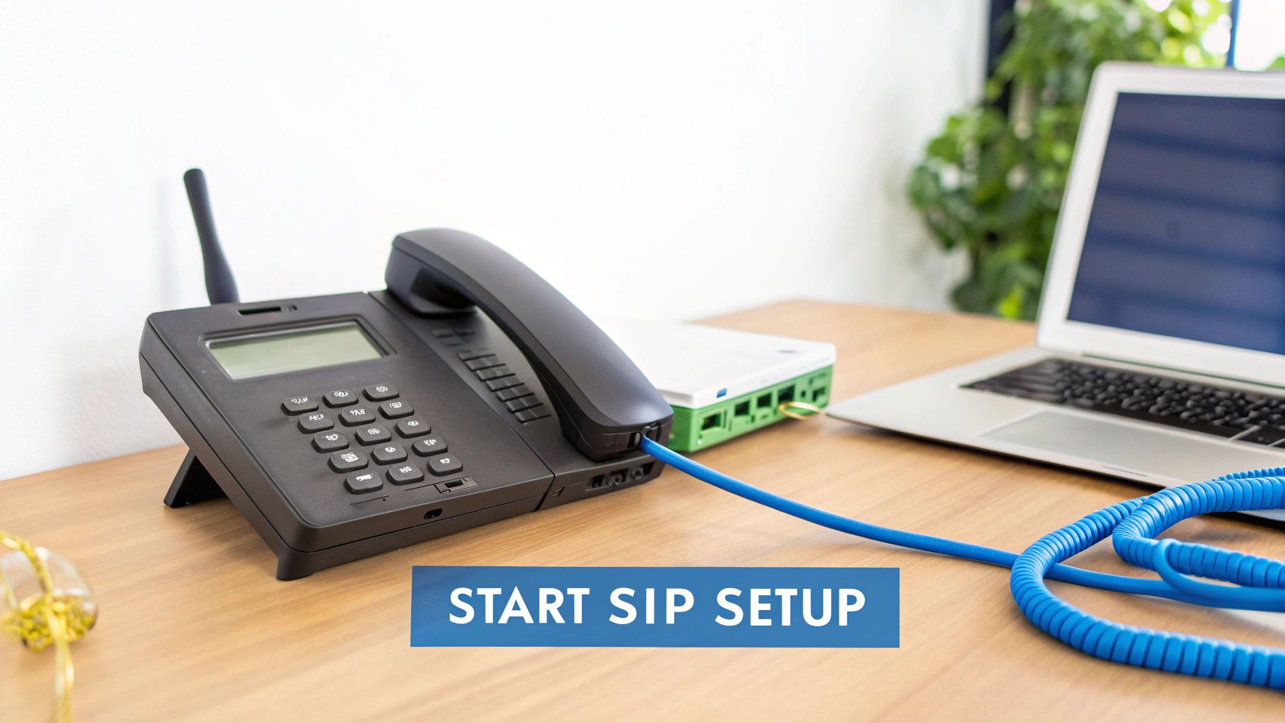 A black VoIP phone connected by a blue Ethernet cable to a network device on a wooden desk.