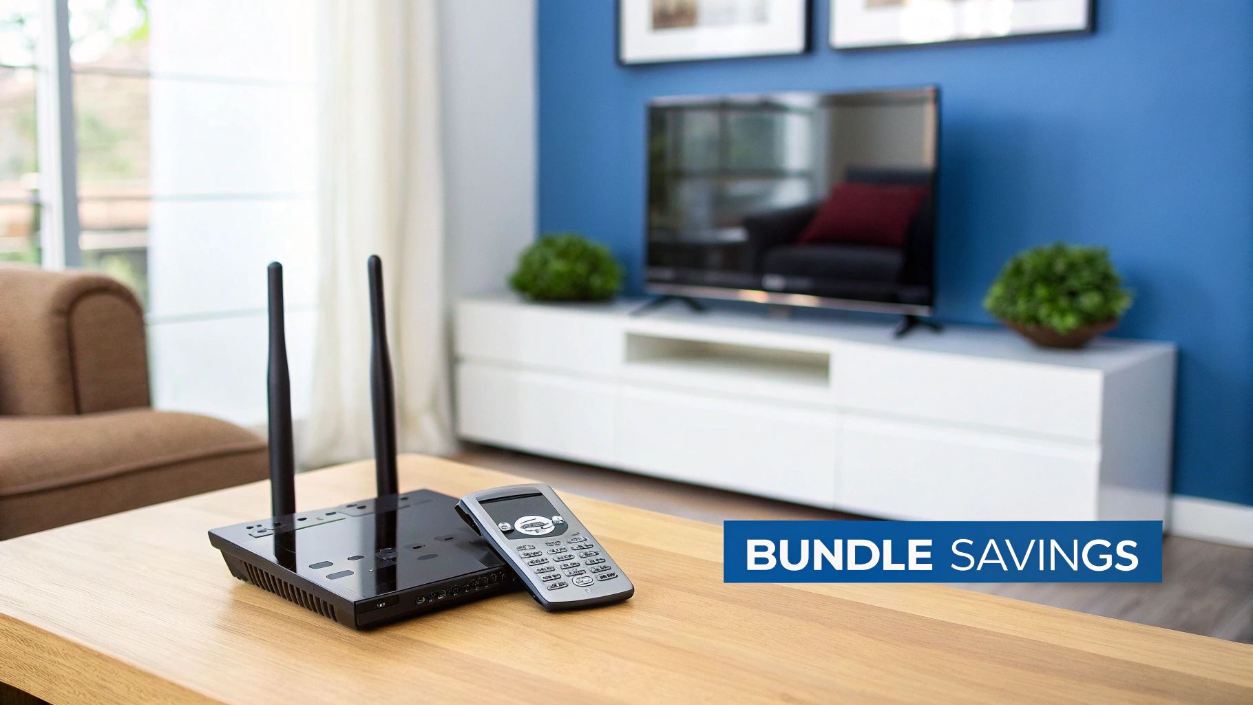 A living room with a black router, cordless phone, TV, and 'BUNDLE SAVINGS' text.