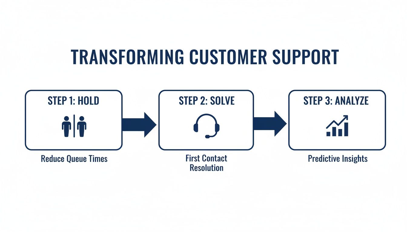 Flowchart detailing three steps to transform customer support: Hold, Solve, and Analyze with descriptions.