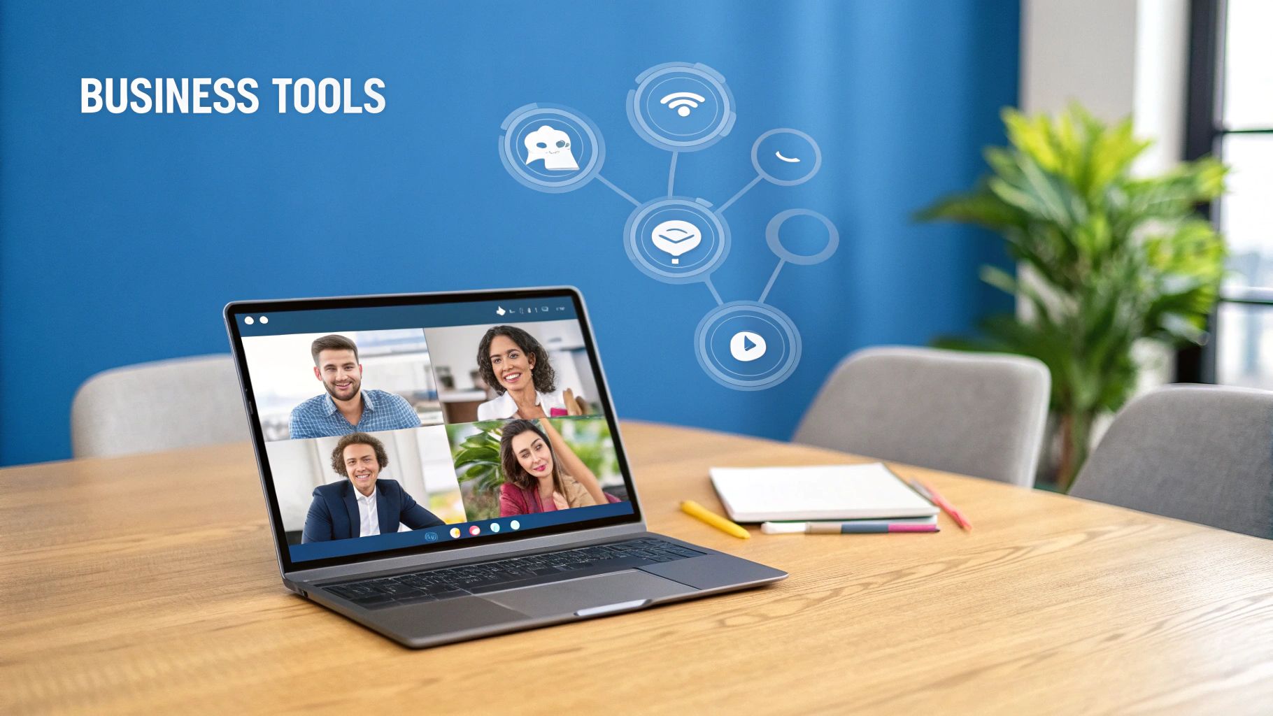Modern laptop displaying a four-person video conference, with business tools icons on a blue wall.