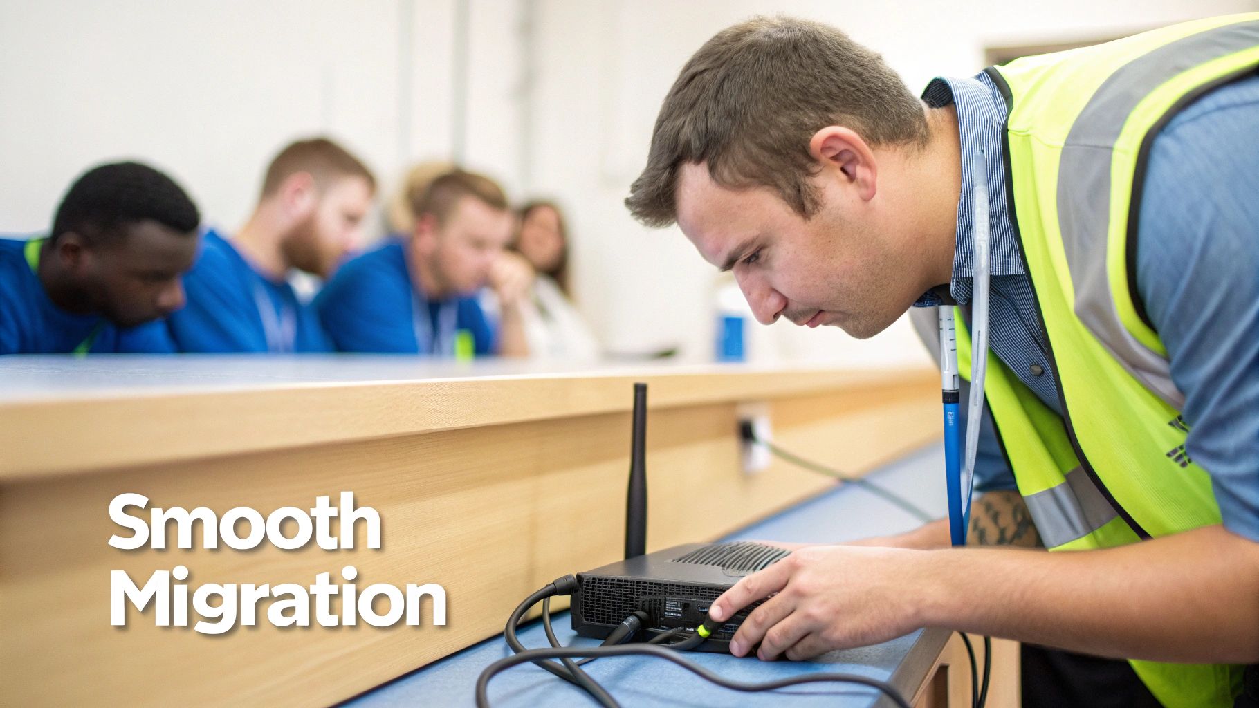 A man in a neon safety vest connects cables to a network device on a table.