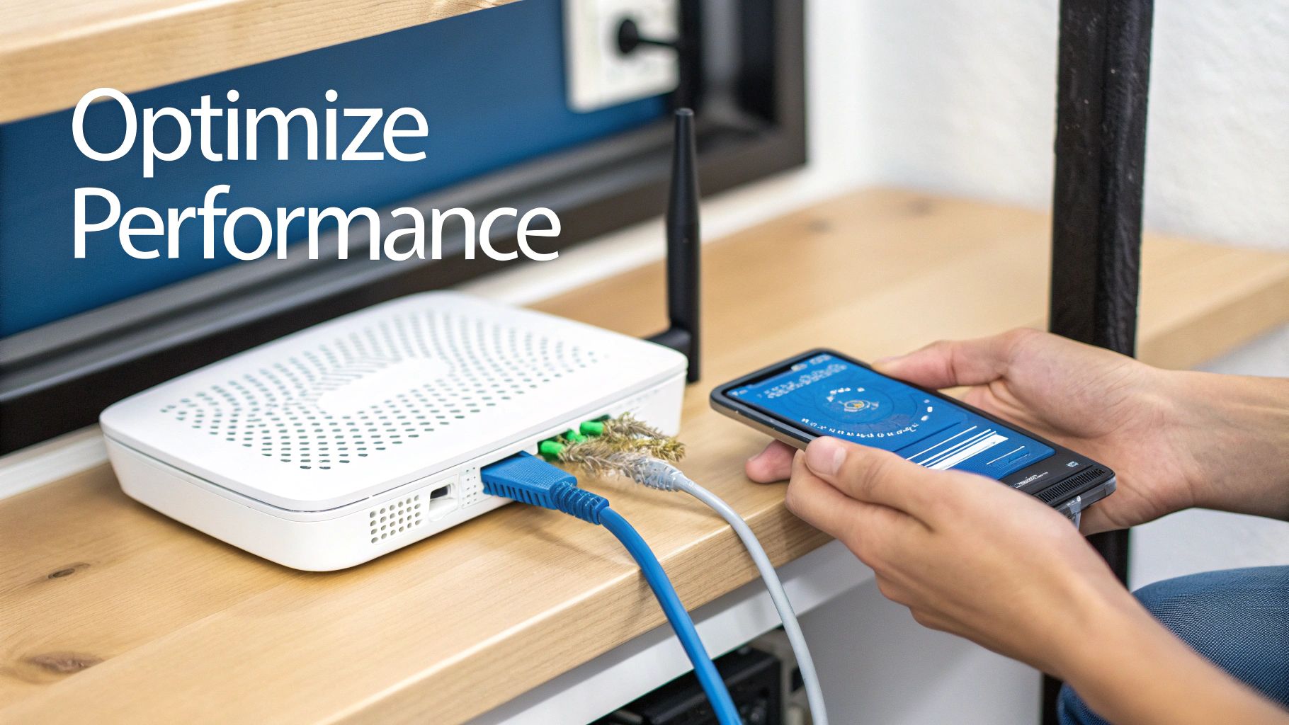 A person's hands using a smartphone to optimize performance of a white Wi-Fi router.