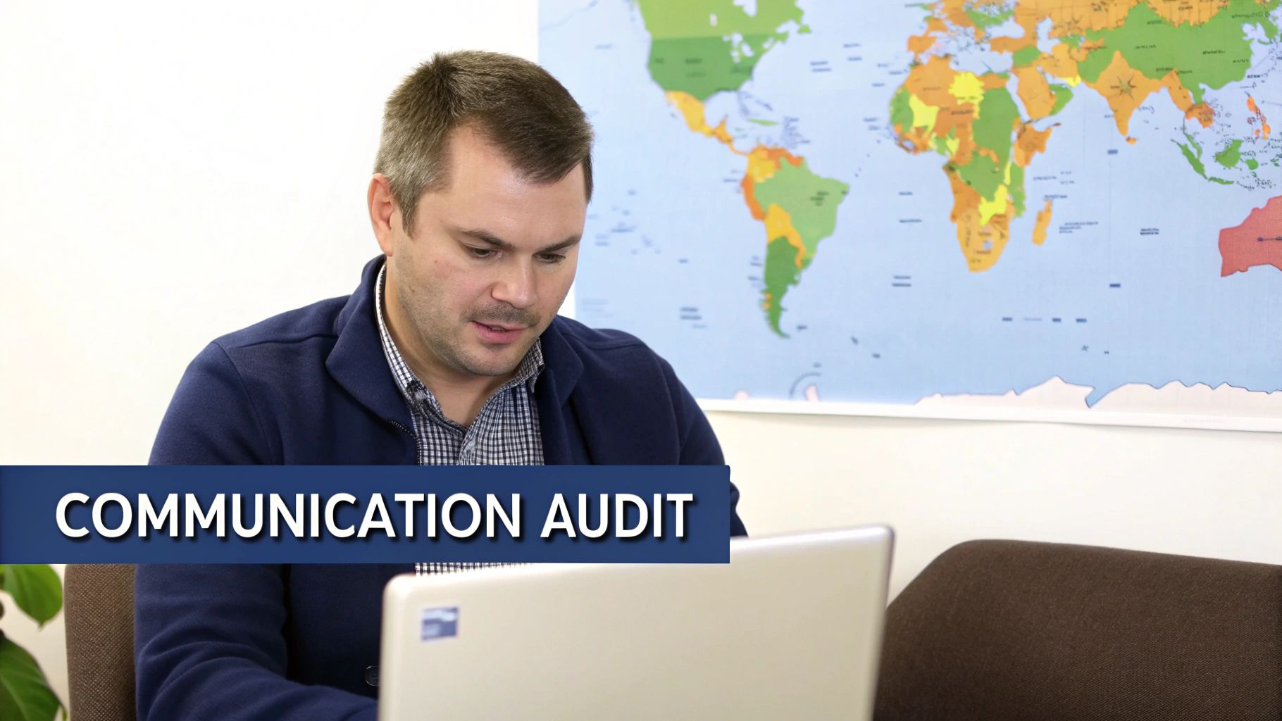 A man in a blue jacket looks at his laptop, with a world map in the background. Text overlay reads "COMMUNICATION AUDIT".