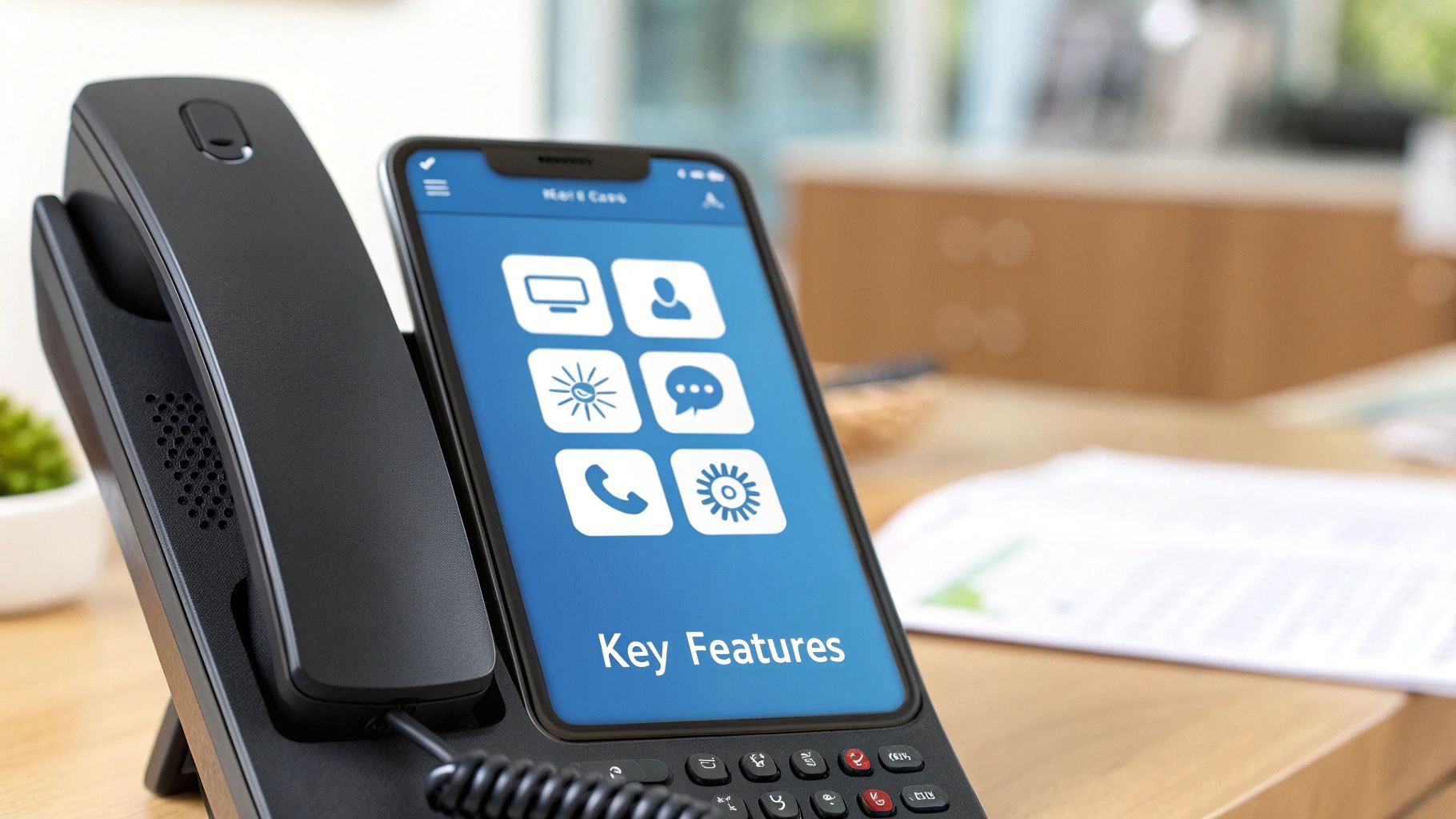 A modern black VoIP desk phone with a smartphone displaying 'Key Features' on a blue screen.