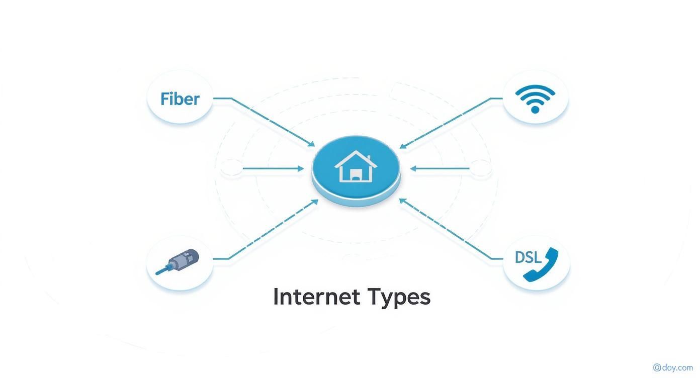 Diagram showing various internet connection types like Fiber, Wi-Fi, DSL, and cable connecting to a home.