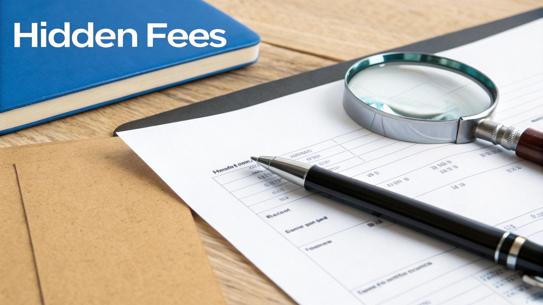 A magnifying glass held over a contract, highlighting the fine print and a dollar sign.