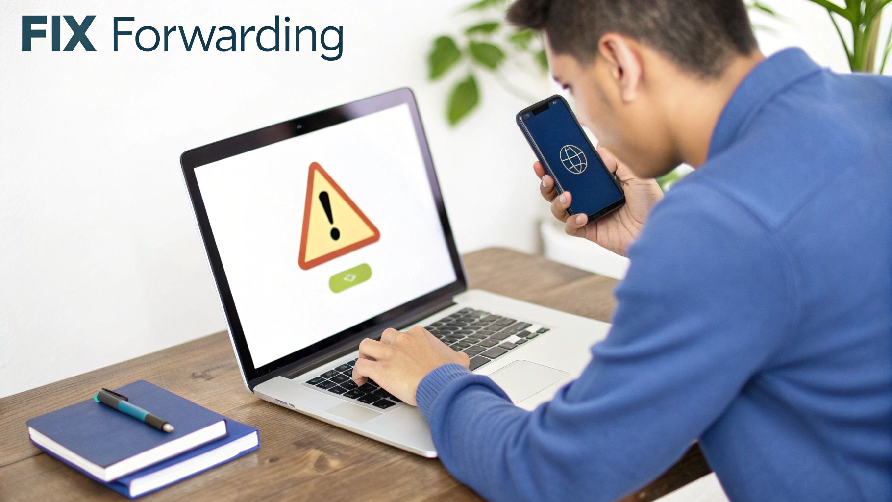 Person troubleshooting a technical issue on a laptop with a warning sign, holding a smartphone, 'FIX Forwarding' text.