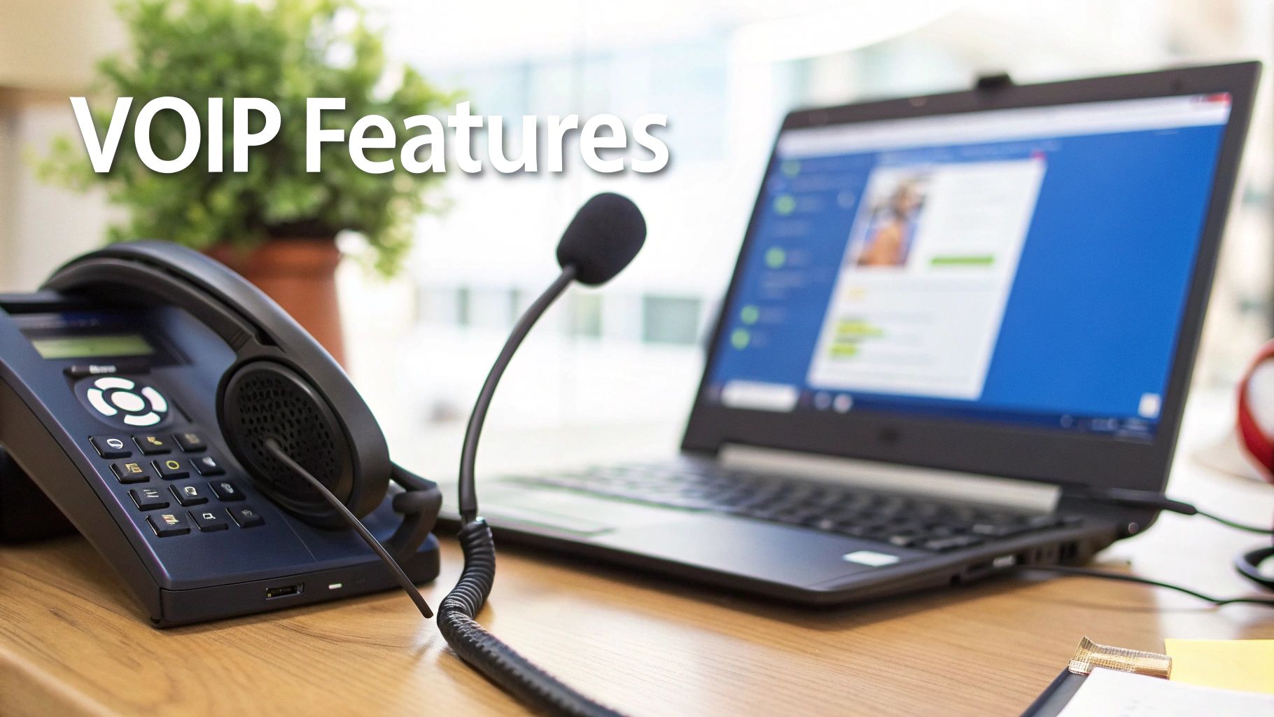 A modern desk setup featuring a black VoIP phone, headset with microphone, and a laptop displaying communication software.