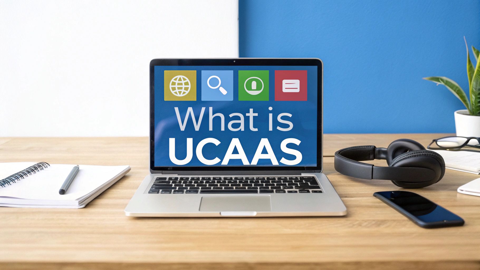 A team collaborating in a modern office with digital icons representing different communication tools.