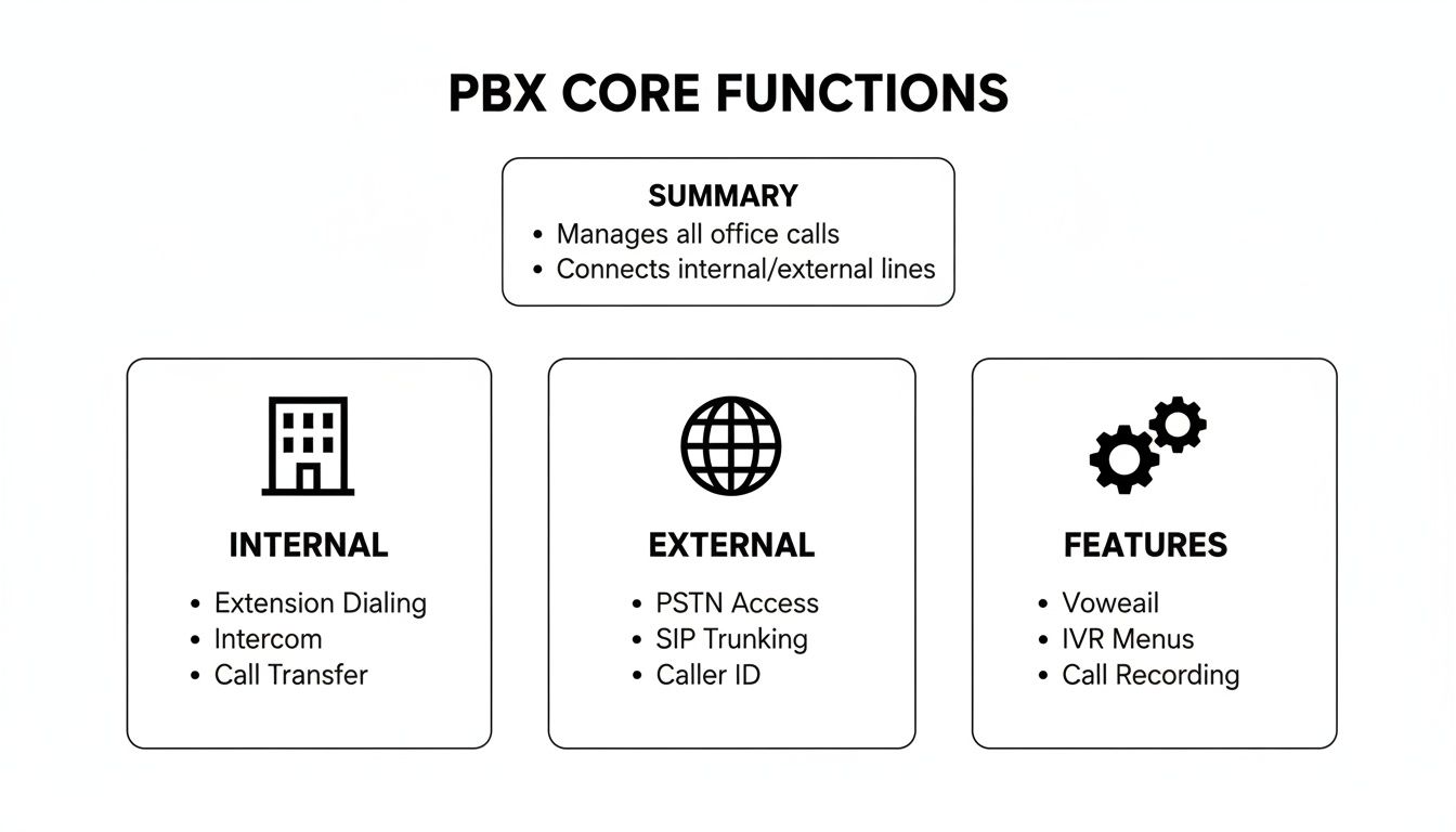 Diagram illustrating the core functions and features of a PBX phone system.
